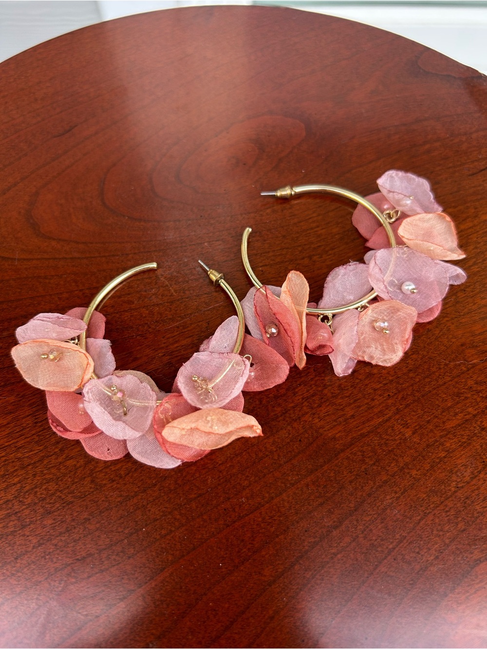 Gold Hoop Floral Petal Earrings - Pink Blend